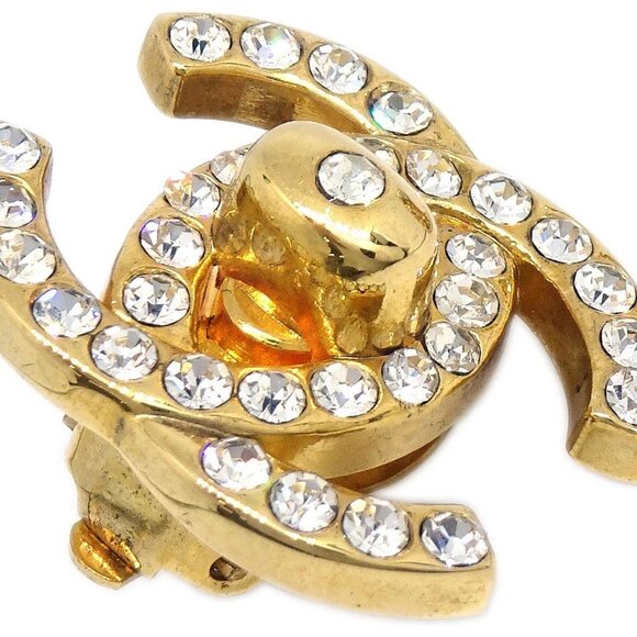 Chanel CC Turnlock Clip-On Earrings Gold Rhinestone Large 96A 126527 - Picture 2 of 8